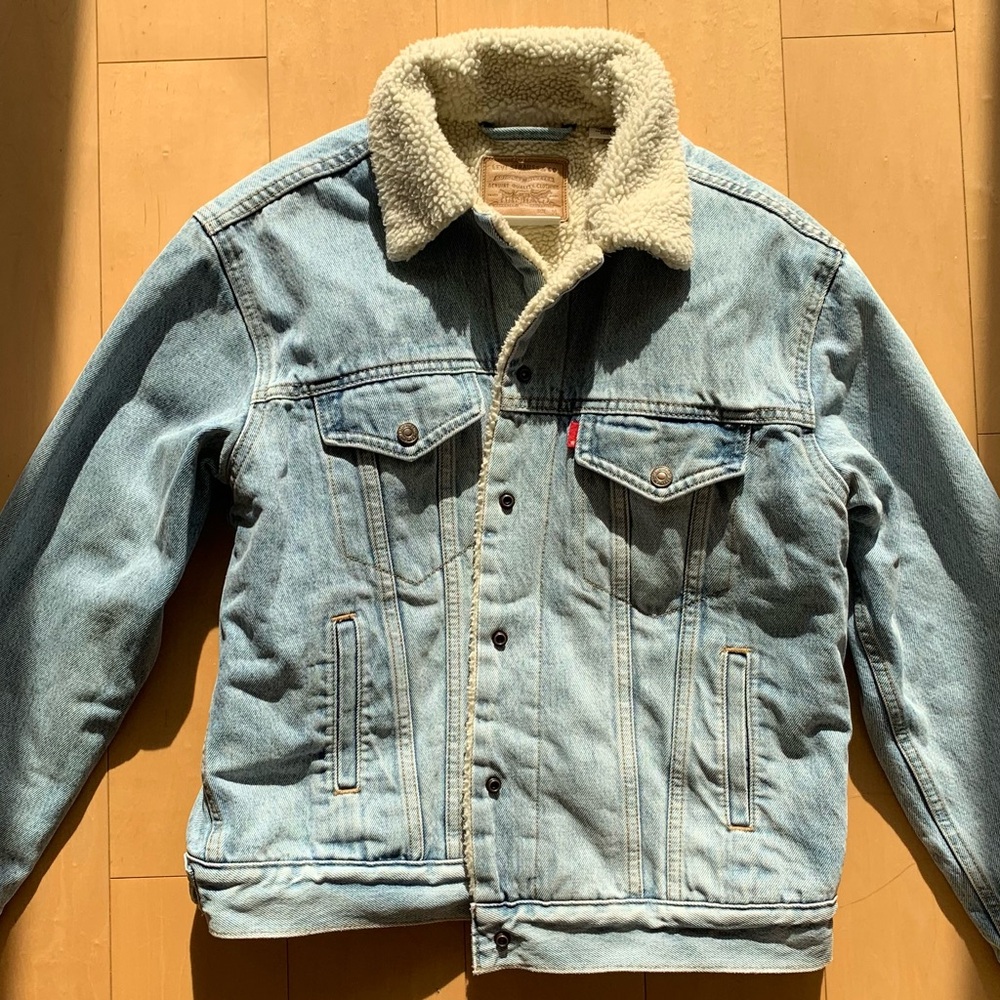 Original Levi's Sherpa Trucker Blue Light Medium Washed Denim Jean Jacket